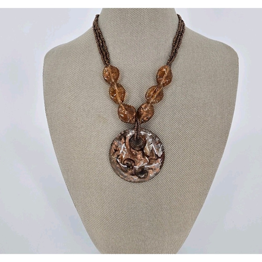 Art Glass Pendant Necklace Copper Gold Foil Brown Multi Strand Beaded 20" State